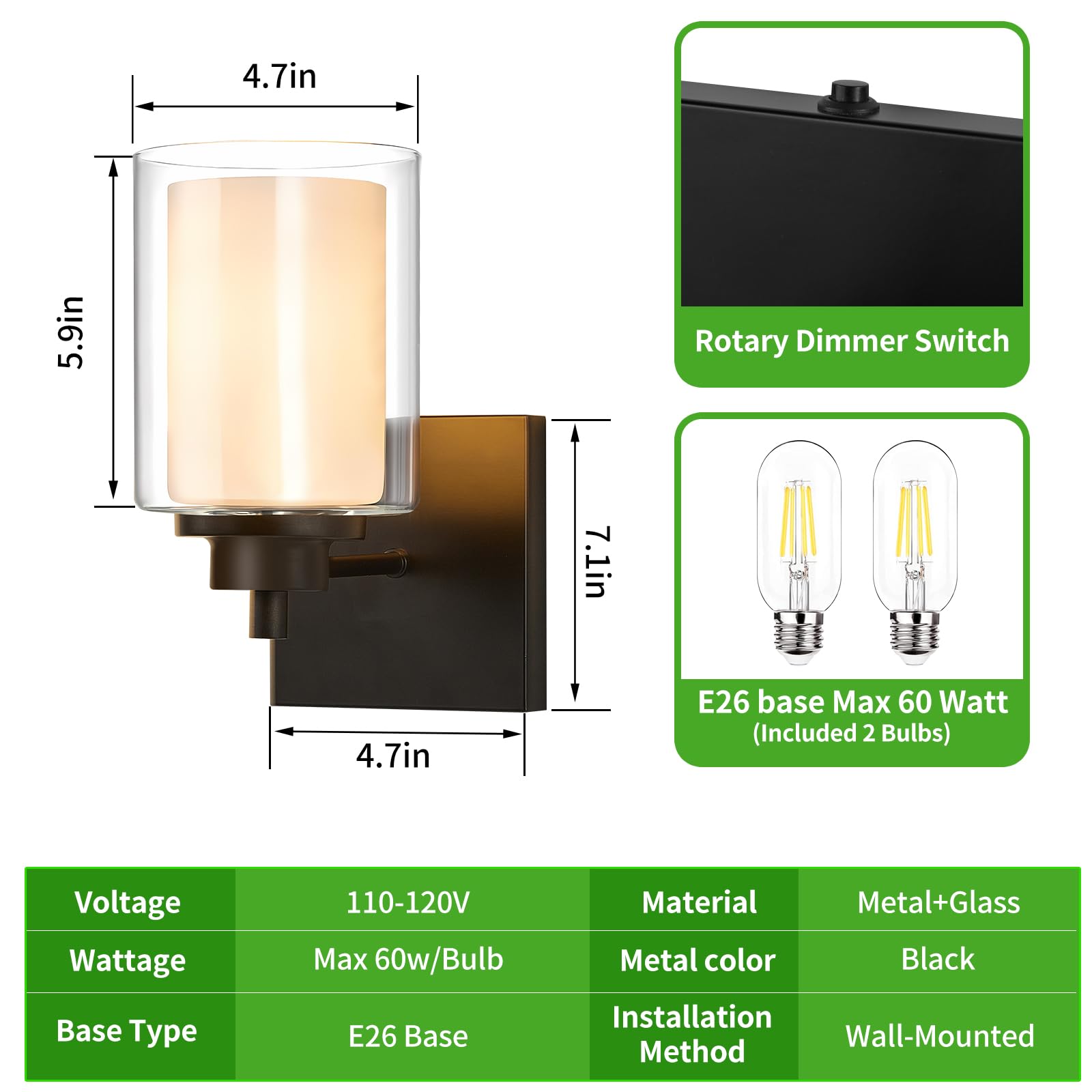 AOLALA Rechargeable Battery Operated Wall Sconces Set of 2 - LED Wall Mounted Lights with ON/Off Switch & Dual Glass Shade - Indoor Wall Lighting for Bedroom, Living Room, Hallway, and Porch