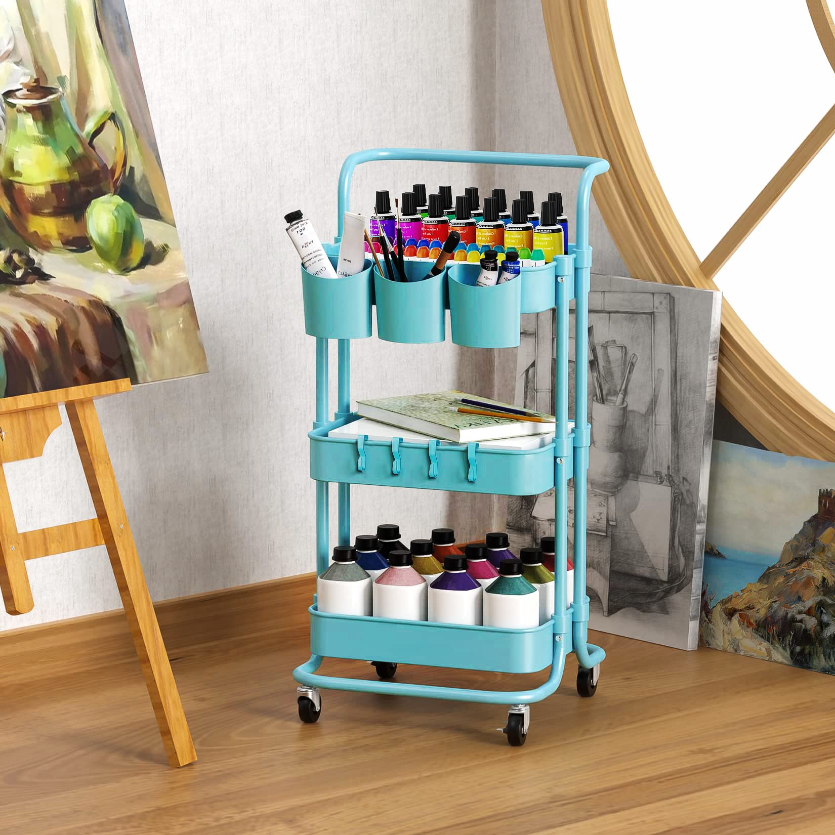 ALVOROG 3-Tier Rolling Utility Cart with Wheels - Multifunctional Mobile Storage Organizer with Hanging Cups for Kitchen, Office, Coffee Bar, Salon & Dorm Room - Blue Service Cart for Easy Organization & Transport