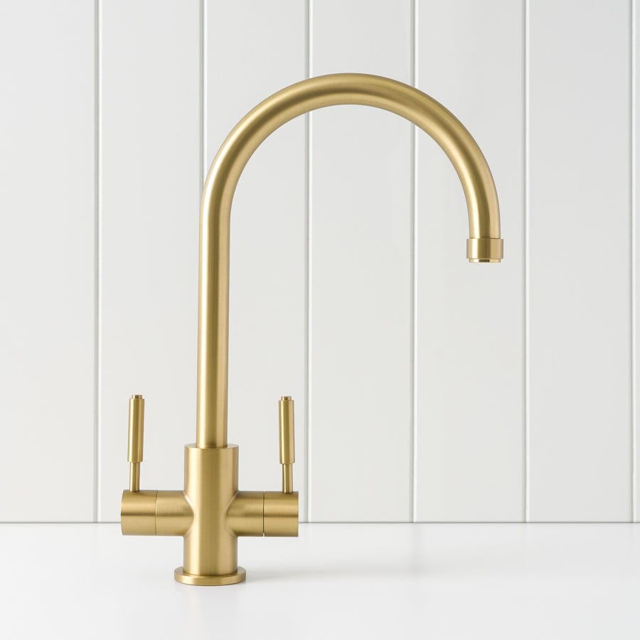 Premium Brushed Brass Melbourne Twin Tap Kitchen Mixer - Modern Two-Handle Faucet for Sink, Perfect for Home Kitchen & Bar Renovation
