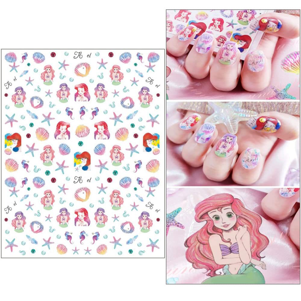 6 Sheets Cute Cartoon 3D Self-Adhesive Nail Art Stickers - Mermaid & Princess Nail Decals for Women & Girls - DIY Nail Art Supplies for Parties, Weddings, and Daily Nail Decoration