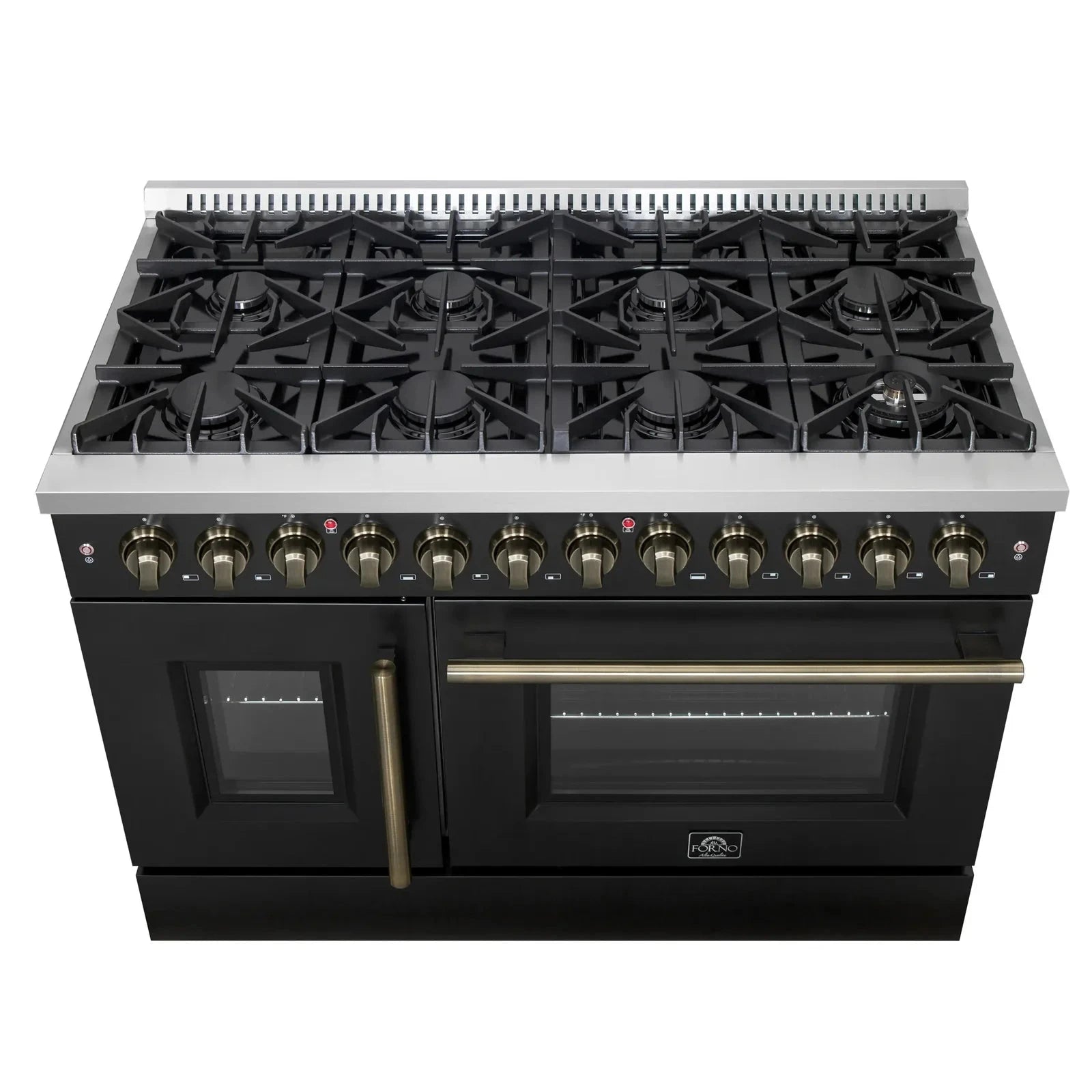 Forno Galiano 48-Inch French Door Dual Fuel Range with 8 Burners & Electric Convection Oven - Black Antique Brass Trim (Model FFSGS6356 48BLK) | Perfect for Professional Kitchens & Luxury Home Cooking