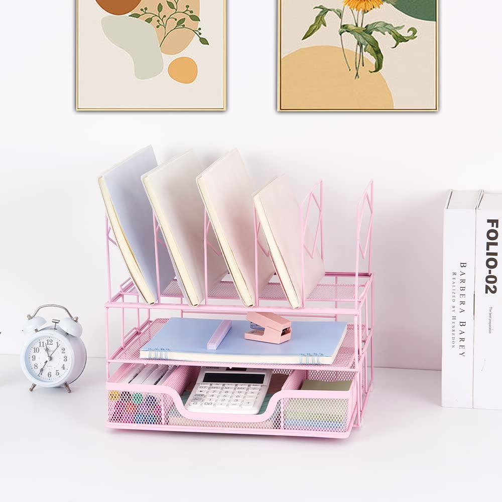 Desk Organizers and Accessories - Office Supplies Desktop Organizer with Sliding Drawer, Dual Tray & 5 Upright Sections - File Folder Holder for Home Office, Workstation & Study Desk - Perfect for Paper Management, Document Storage & Workspace Organization