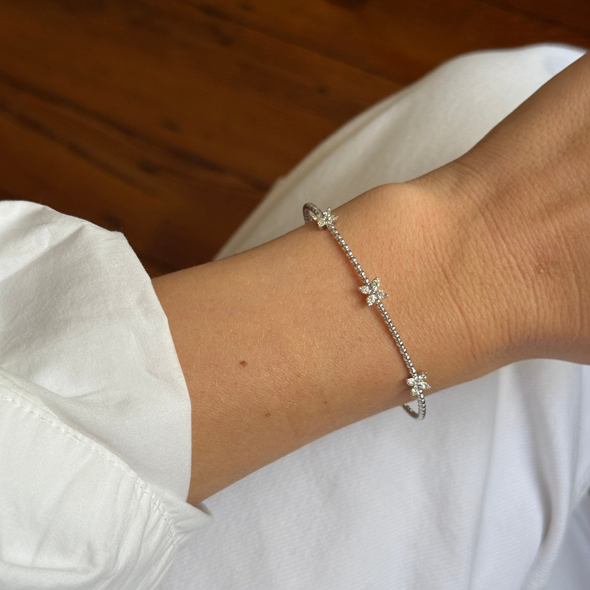 14K White Gold Diamond Flower 3-Station Flexible Bangle Bracelet for Women - Perfect for Weddings, Anniversaries & Special Occasions