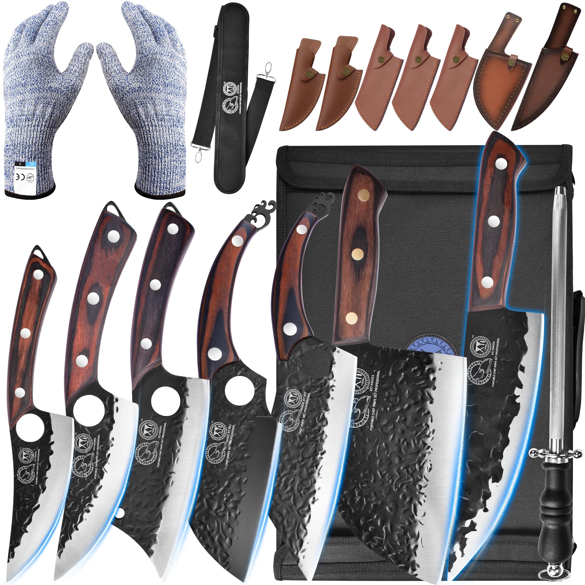 XYJ 7-Piece Premium Camping Knife Set with Roll Bag, Sheath & Sharpener - Full Tang Chef, Boning & Butcher Knives for Outdoor Cooking & Survival - Perfect for Camping, Hunting & BBQ Prep