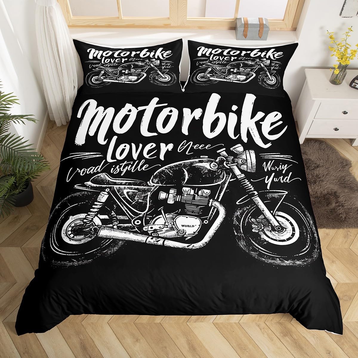 Feelyou Motorcycle Duvet Cover Set - Extreme Sports Themed Bedding for Boys & Teens - Black & White Motorbike Design - Full Size Comforter Cover for Kids' Bedroom Decor - Perfect for Motorcycle Lovers' Rooms, Teen Bedrooms & Sports-Themed Decor