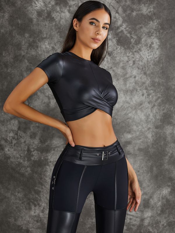 ZASUWA Women's High Waist PU Glossy Cross Twist Metal Button Workout Leggings - Tummy Control & Hip Lift for Yoga, Running, Gym & Fitness