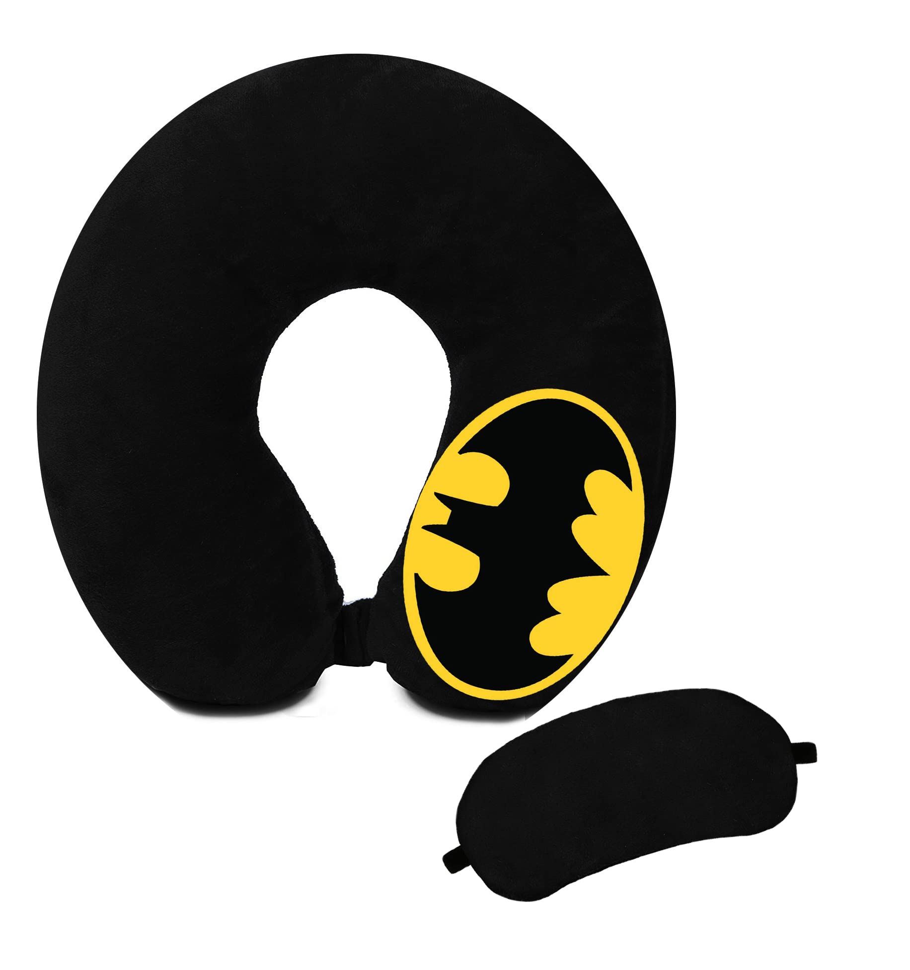 JUZZII Velvet Superhero Design Unisex U-Shaped Microfiber Neck Pillow with Eye Mask - Soft Travel Pillow for Airplane, Car, Train & Bus - Black | Perfect for Long Flights, Road Trips & Commuting