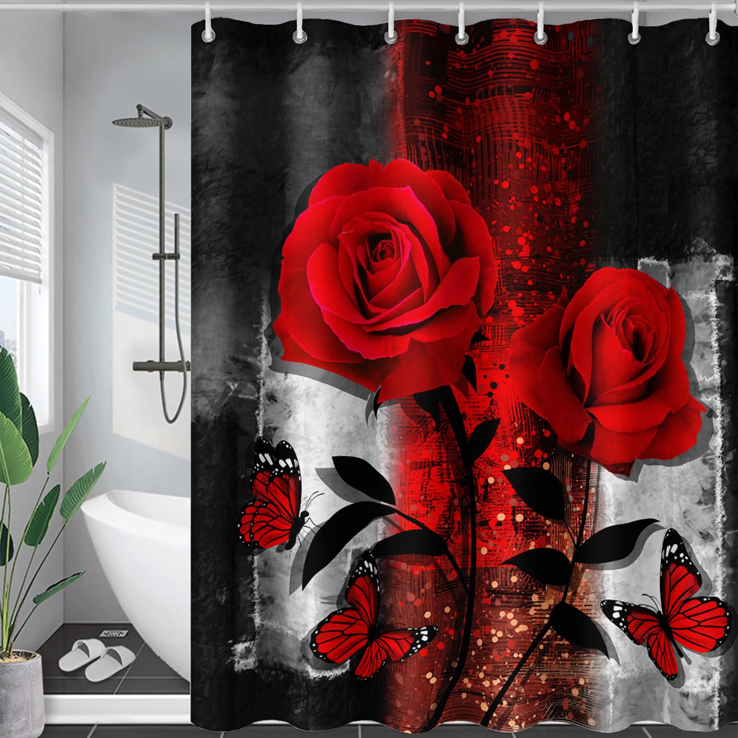 Romantic Red Rose Shower Curtain - Waterproof Floral Butterfly Bathroom Decor with 12 Plastic Hooks, 72x72 Inches, Grey Abstract Design - Perfect for Valentine's Day, Bridal Showers & Romantic Bathroom Decor