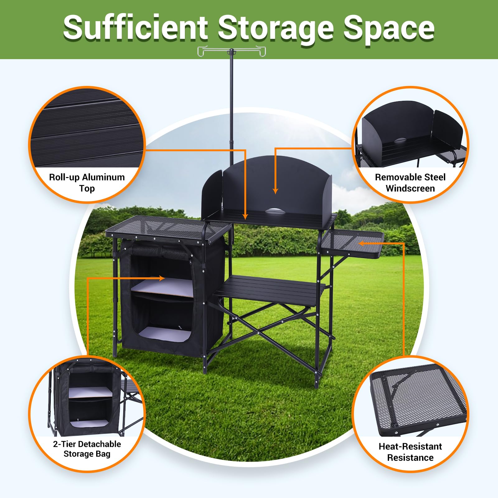 Premium Portable Camping Kitchen Station - Foldable Picnic Table & Grill Stand with Light & Windshield - Compact Cooking Organizer for Outdoor, Beach, BBQ & Tailgating - Includes Carry Bag (Black)