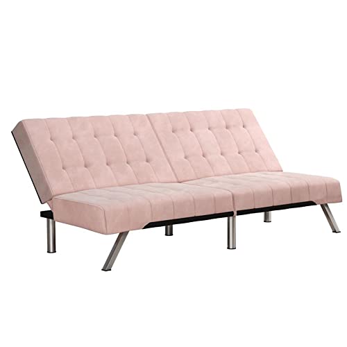 Pemberly Row Modern Convertible Tufted Futon Sofa Bed - Pink Velvet Upholstery for Small Spaces & Guest Rooms | Living Room, Bedroom, Studio Apartment Furniture