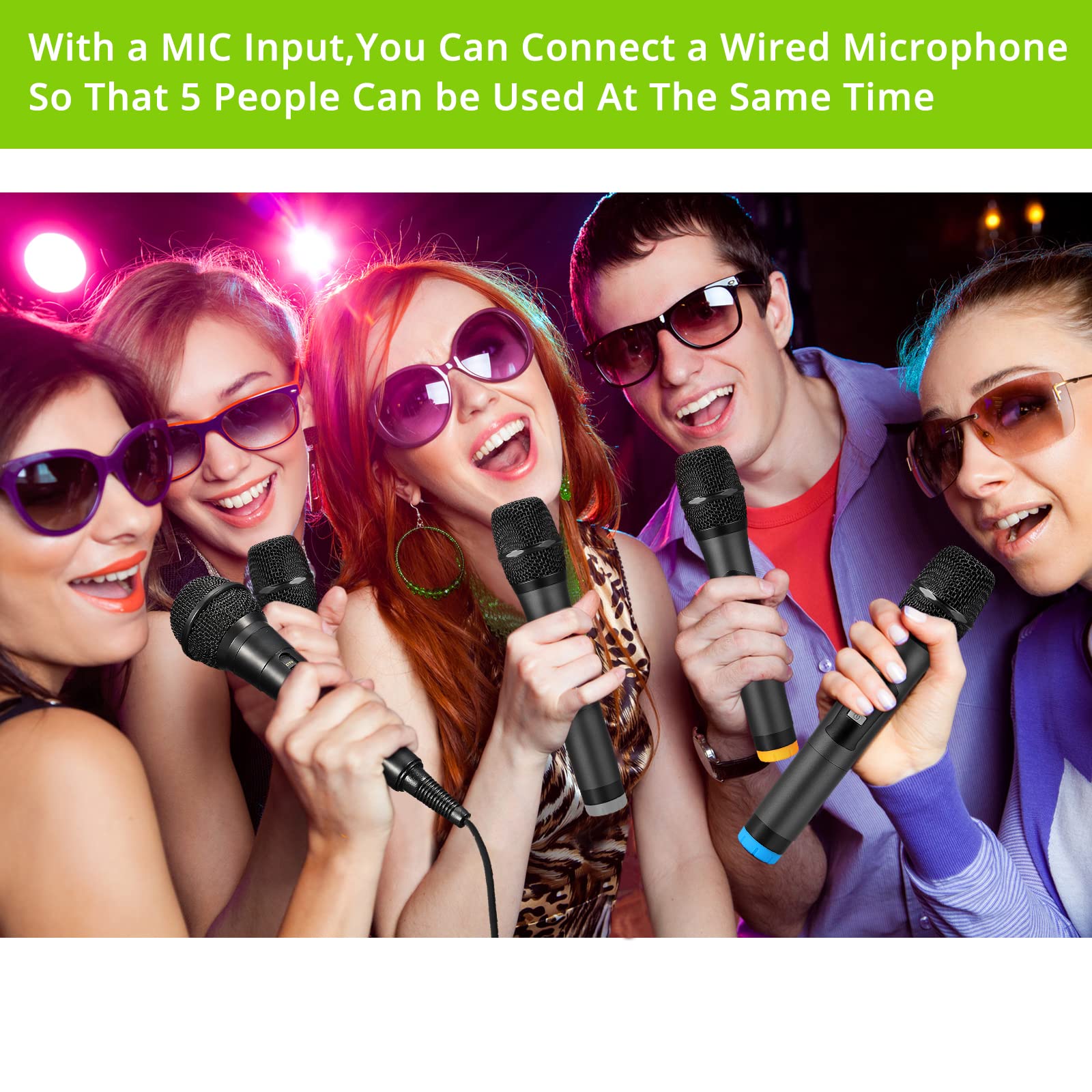 LiNKFOR Portable UHF 4-Channel Wireless Microphone System with 4 Handheld Mics, Bluetooth Connectivity for Smartphones, 50x4 Frequencies, Echo Effect, AUX In/Out - Ideal for Karaoke, Live Performances & Public Speaking