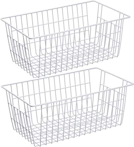 Blitzlabs 2-Pack White Wire Storage Baskets with Handles - Freezer Organizer Bins, Pantry & Kitchen Cabinet Organizer for Food Storage - Perfect for Closet, Bedroom & Bathroom Organization