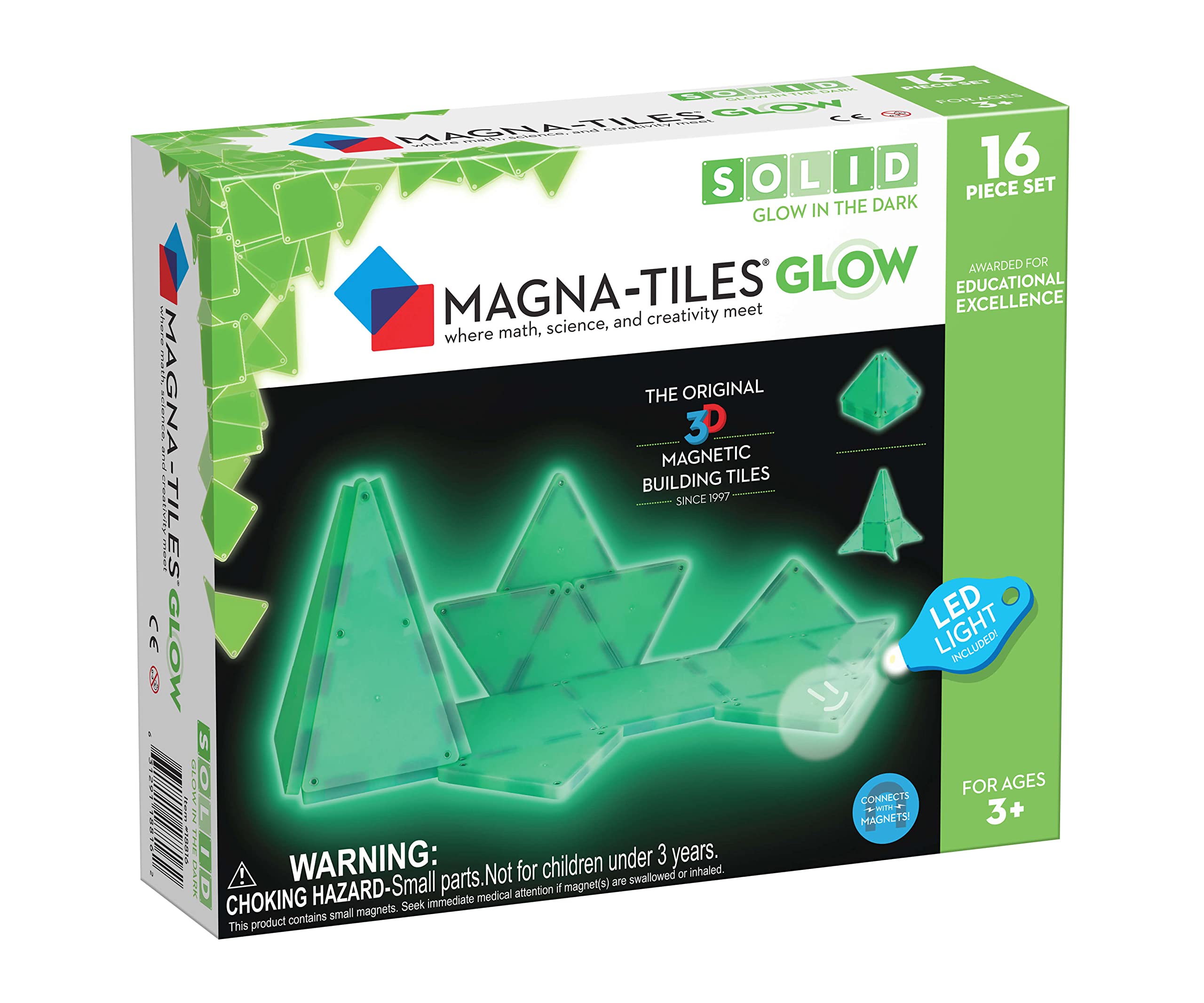 Original Magna-Tiles Glow in The Dark Magnetic Building Blocks Set - 16-Piece STEM Educational Toys for Kids Ages 3+ with LED Light - Creative Construction Play for Indoor & Outdoor Learning Activities