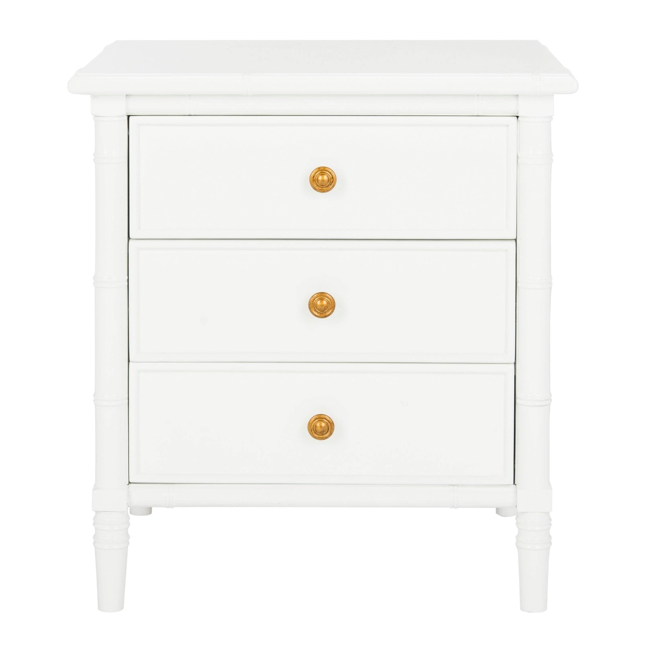 Modern Coastal 3-Drawer White Bamboo Nightstand - Contemporary Nautical Wood Bedside Table for Beach House, Guest Room & Bedroom Decor