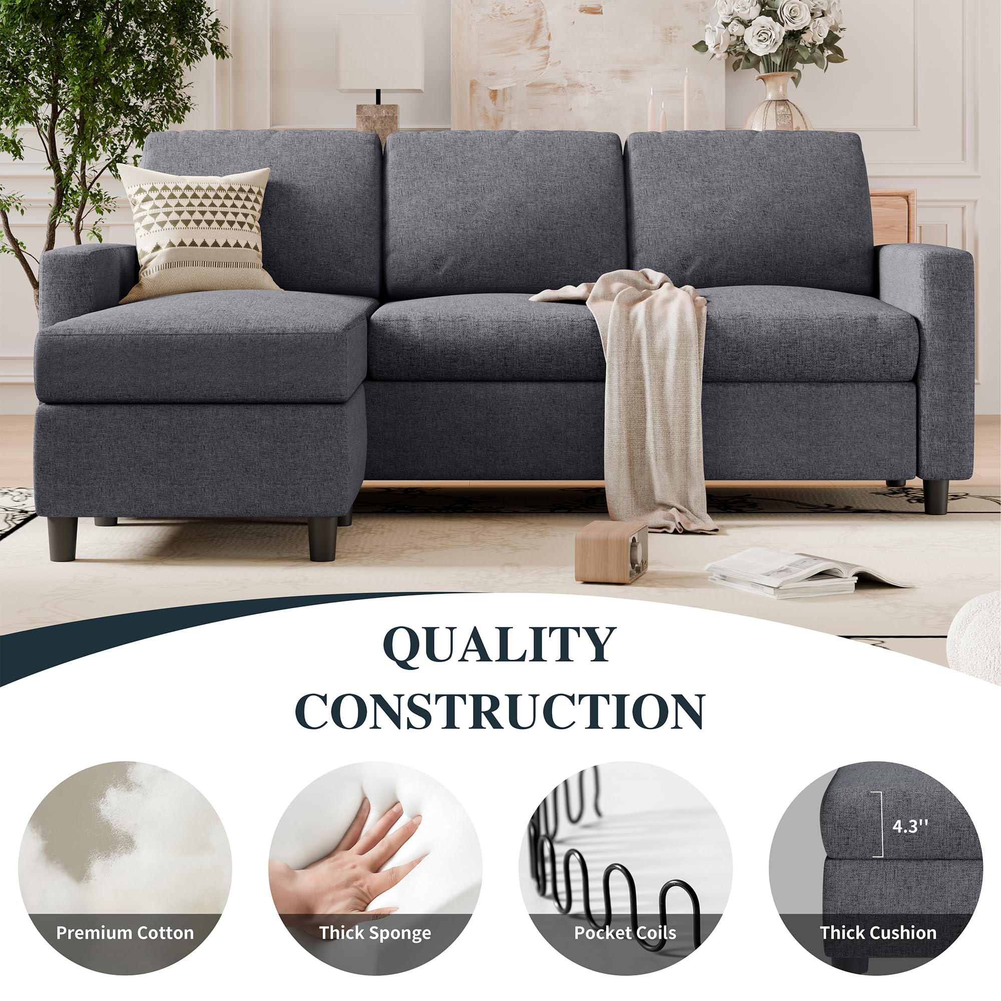 Modern L-Shaped Sectional Sofa with Reversible Chaise - Convertible Linen Fabric Couch for Small Spaces & Living Rooms (Dark Grey) | Perfect for Apartments, Condos & Cozy Home Decor