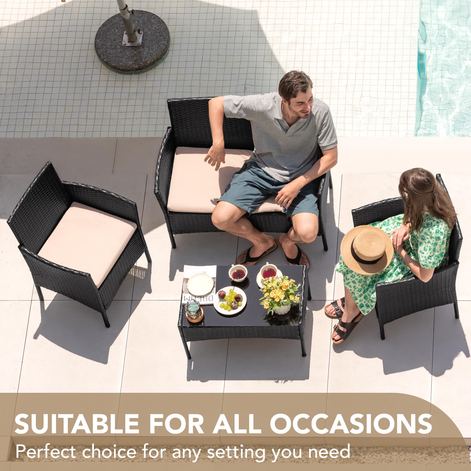 Devoko 4-Piece PE Rattan Wicker Patio Furniture Set with Beige Cushions & Coffee Table - Outdoor Garden, Porch, Backyard Seating Set (Black) - Perfect for Relaxing, Entertaining & Enjoying Sunny Days