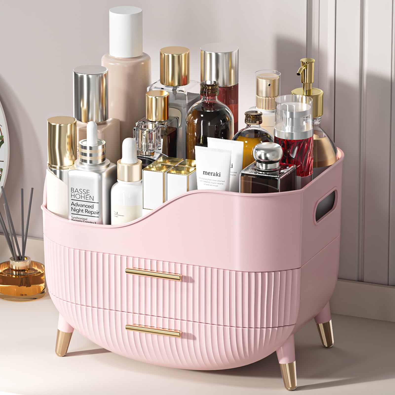 Large Capacity Makeup Organizer with 2 Drawers - Pink Cosmetic Storage Box for Vanity, Bedroom & Bathroom | Skincare & Beauty Display Case | Perfect Gift for Women | Ideal for Daily Makeup Routine & Travel Organization