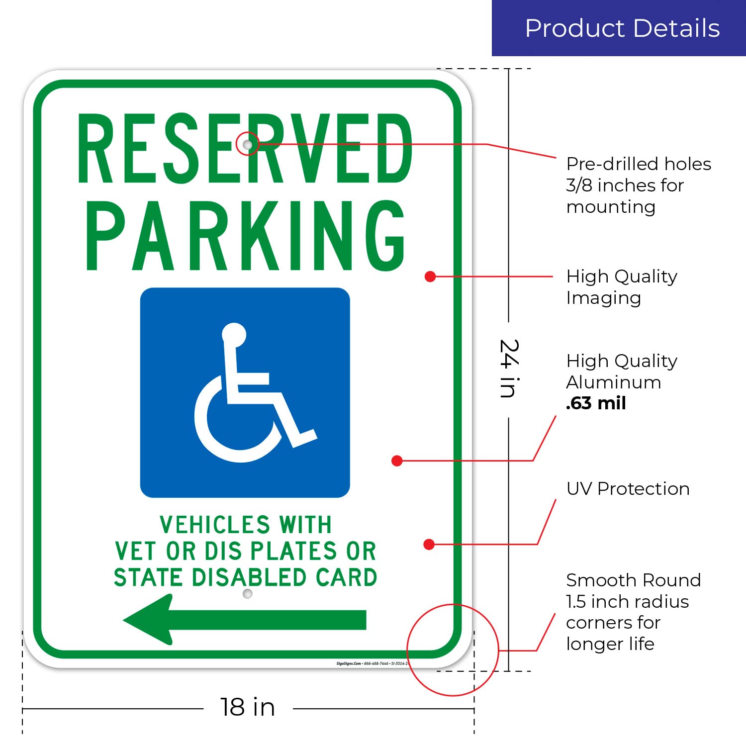 Wisconsin Handicap Parking Sign - 18x24 Inches, Rust-Free .063 Aluminum, Fade-Resistant - Reserved Parking for Vehicles with Vet Plates or State Disabled Cards (Left Arrow) - Made in USA - Perfect for Accessible Parking Spaces, Hospitals & Public Facilities