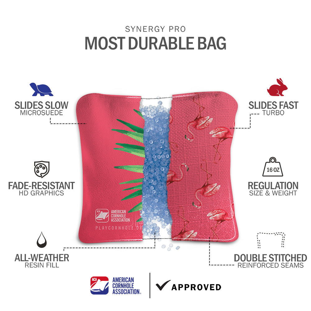 Premium Flamingo Synergy Pro Cornhole Bags Set of 8 - Regulation Weight & Size for Outdoor Lawn Games, Tailgating, and Backyard Parties
