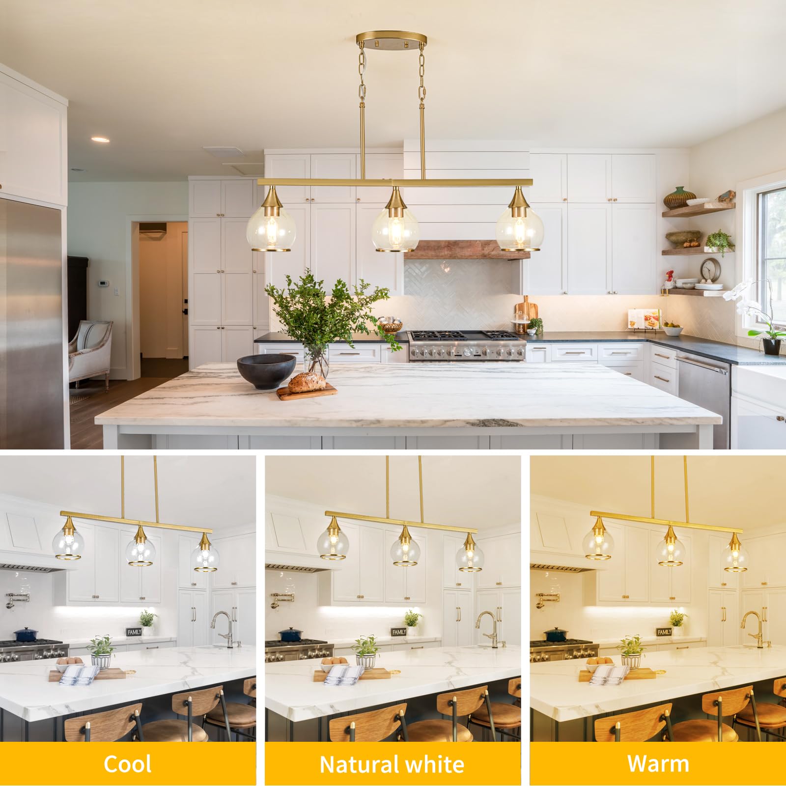 3-Light Gold Kitchen Island Linear Hanging Pendant Chandelier - Brushed Gold Dining Room Light Fixture with Clear Round Glass Shades - Perfect for Kitchen Islands, Dining Tables, and Breakfast Bars