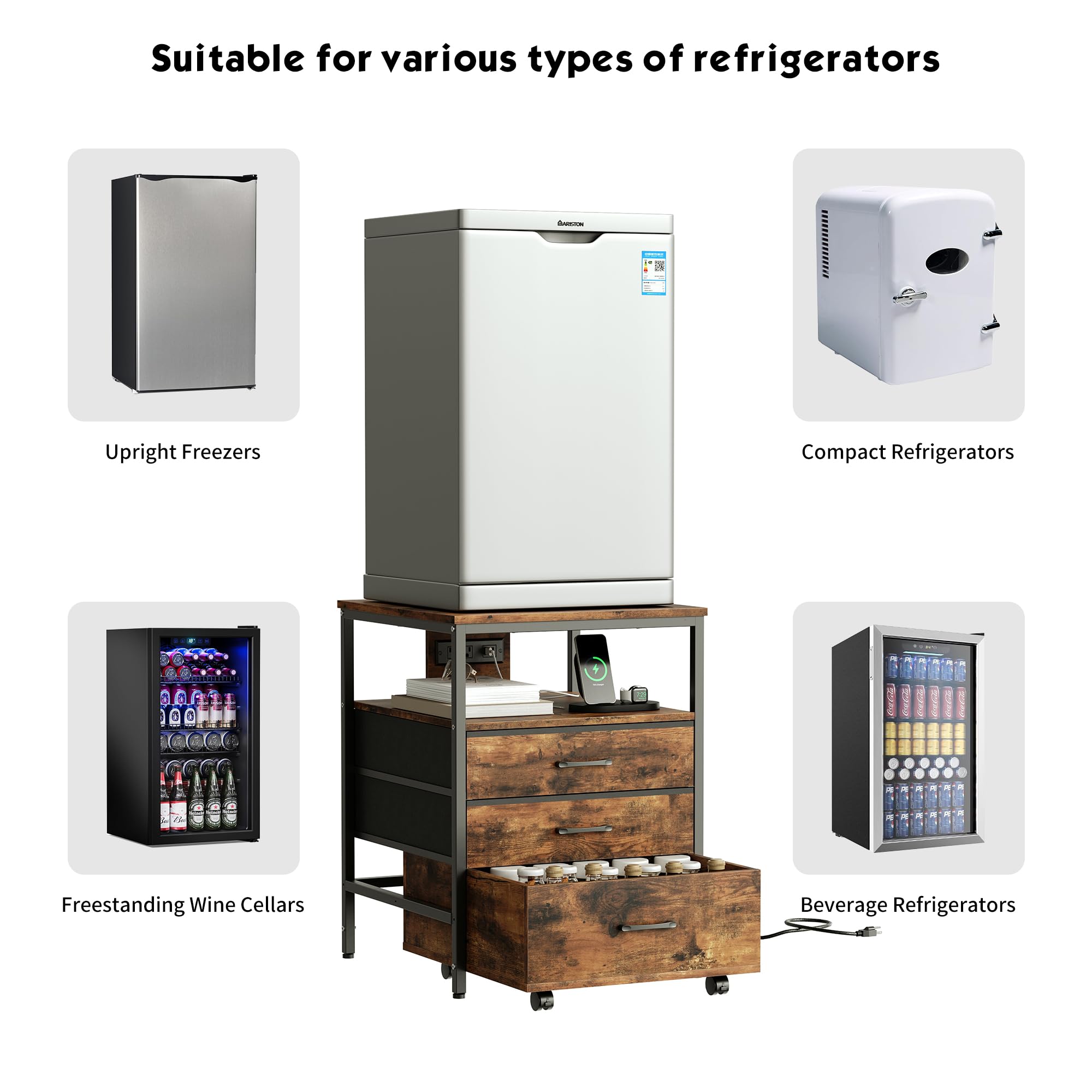 4-Tier Mini Fridge Stand with Storage & Power Outlet - Heavy Duty Rolling Cabinet Organizer for Compact Refrigerators - Rustic Brown HB02BXN - Perfect for Dorm, Office, Bedroom & Kitchen Use