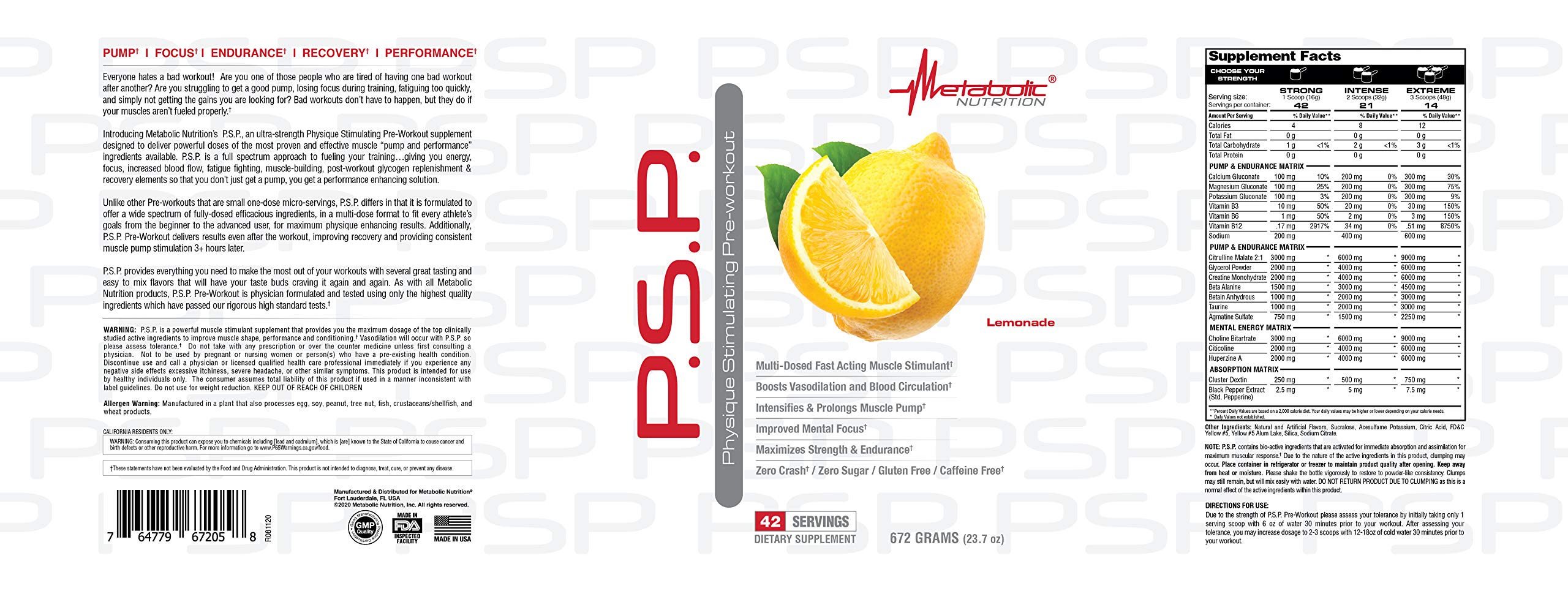 Metabolic Nutrition P.S.P. Physique Stimulating Pre-Workout Powder 672g - Zero Sugar, Caffeine Free, Lemonade Flavor | Boost Energy & Performance for Gym, Bodybuilding & Fitness Training