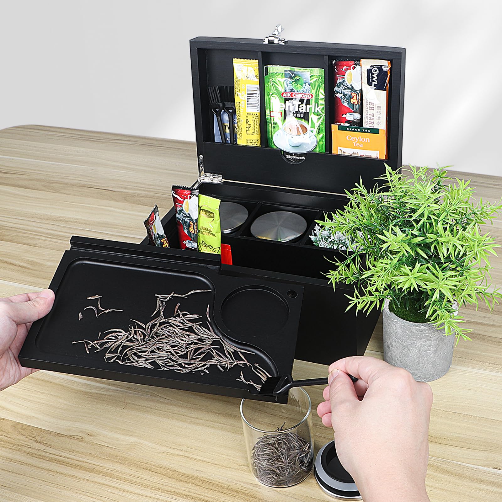 Lotmusic Large Bamboo Storage Box with Removable Slide-Out Tray & 3-Pack Glass Jars Cleaning Brushes - Decorative Home Organization Box with Combination Lock for Jewelry, Cosmetics & Gift Storage | Perfect for Bedroom, Bathroom & Living Room Decor