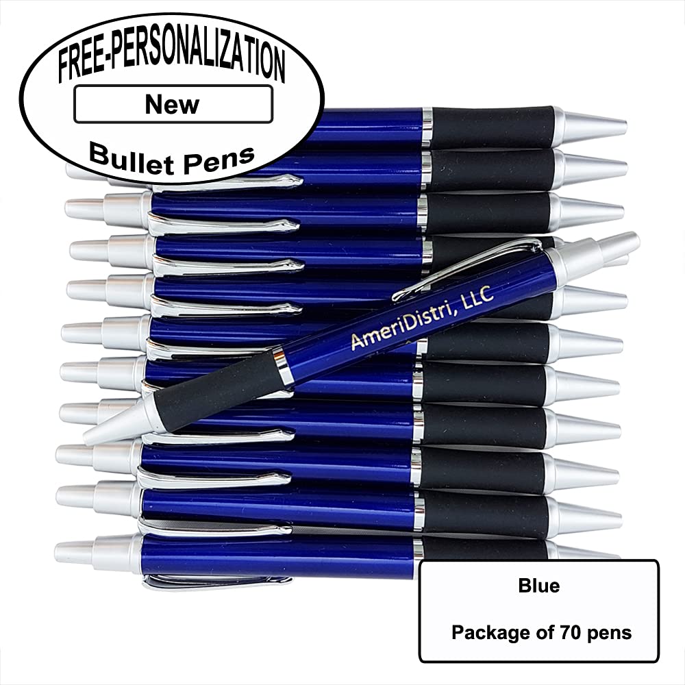Premium Bullet Ballpoint Pens with Free Personalization - Elegant Silver Accents, Blue Body & Black Grip (Pack of 70) - Perfect for Office, School, Gifts & Corporate Promotions