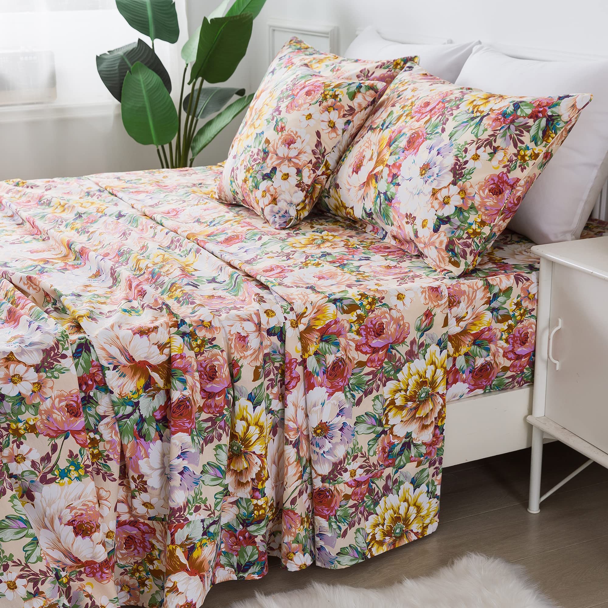 FADFAY 7-Piece Queen Size Floral Bedding Set - 100% Cotton Duvet Cover, Pink & Orange Soft Breathable Hypoallergenic Peony Flower Sheets with Deep Pocket (17.5