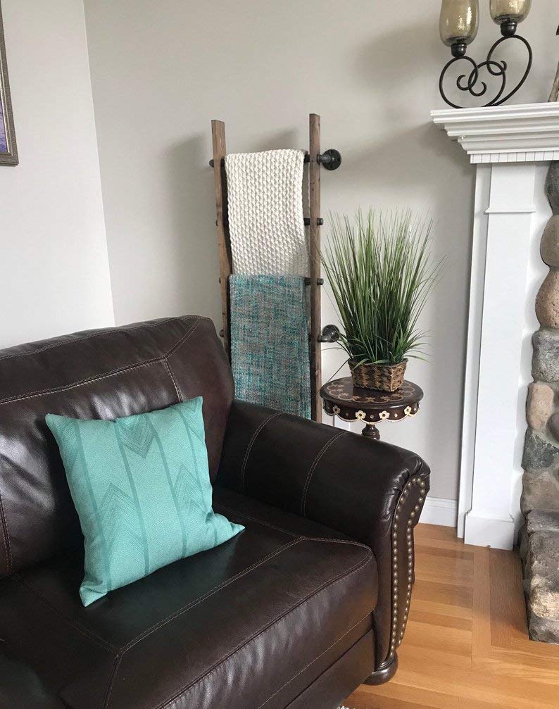 Rustic Industrial Pipe and Wood Blanket Ladder - Handmade Walnut Quilt Ladder for Farmhouse Decor | Perfect for Living Room, Bedroom & Cozy Blanket Display