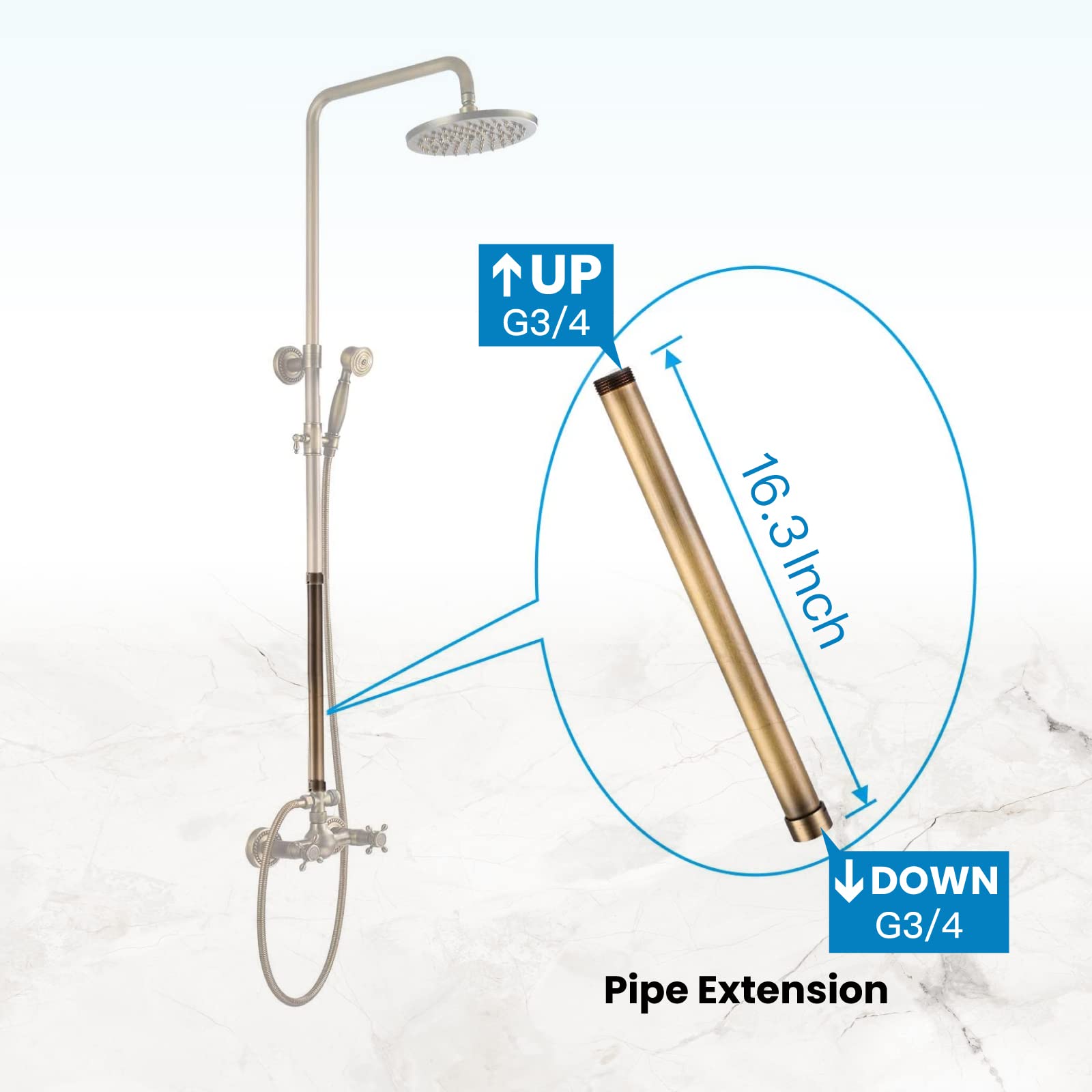 Gotonovo 16 Inch G3/4 Shower Extension Tube - Longer Shower Pipe in Antique Brass Finish for Bathroom & RV Upgrades | Perfect for Low-Ceiling Showers and Space-Saving Installations