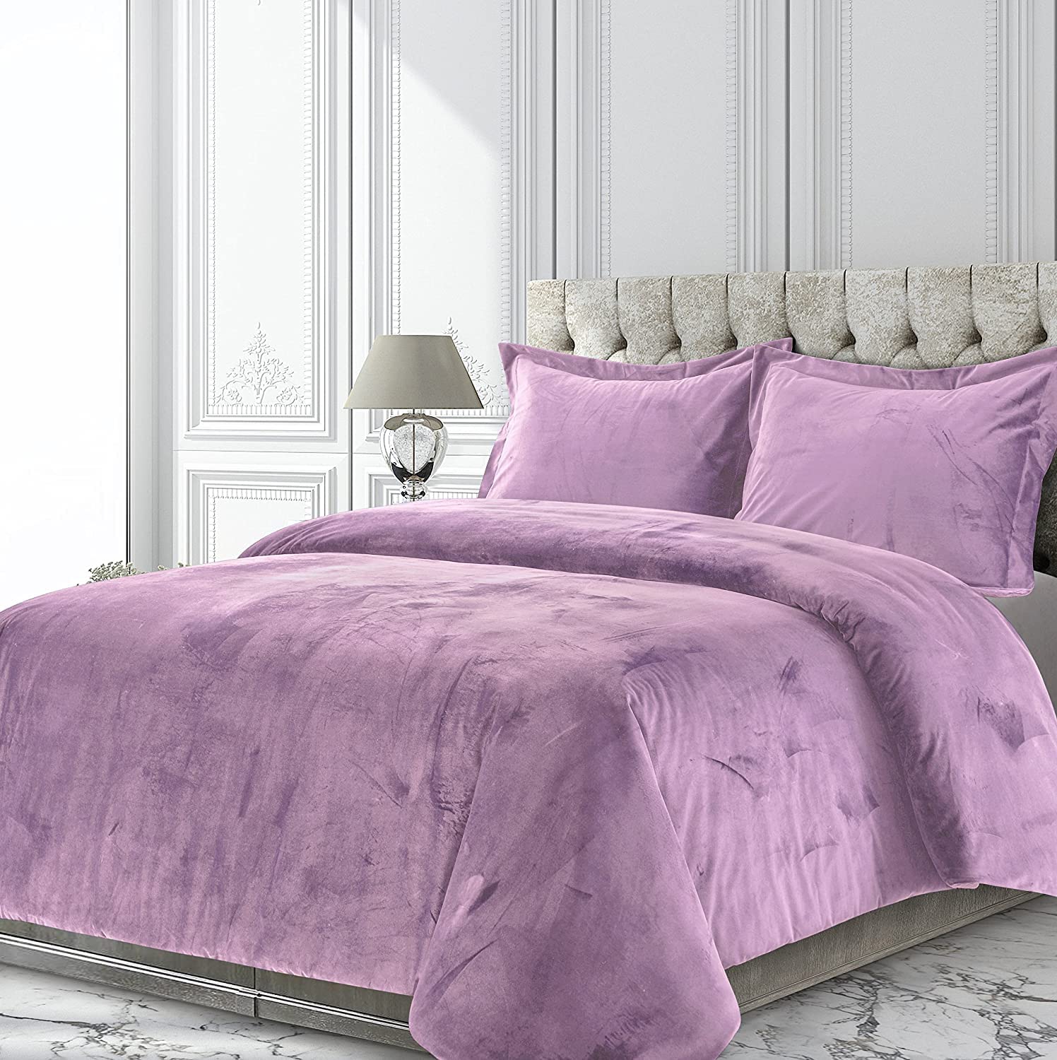 MoreComfo Velvet Lilac Comforter Set Full 3 Piece (1 Comforter + 2 Pillowcases) - Crinkle Crushed 300 GSM Duvet Cover - Venice Velvet & Sherpa Quilt - Ultra Soft Bedding for Cozy Nights - Perfect for Master Bedroom, Guest Room & Dorm