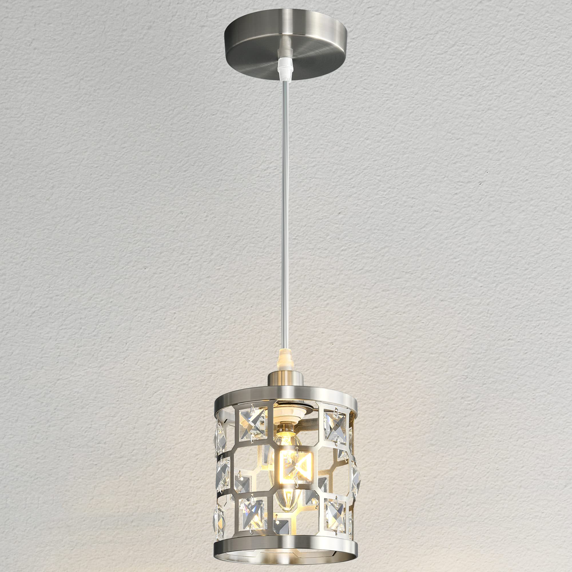 Modern Mini Chandelier Light Fixture - 1-Light Brushed Nickel Pendant with Cylinder Crystal Shade for Kitchen Island, Dining Room, Bedroom | Elegant Ceiling Lighting for Home Decor, Restaurant & Office Spaces