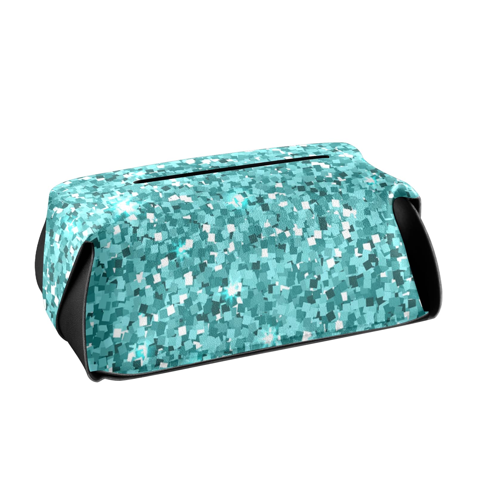Poeticcity Blue Turquoise Glitter Seamless Print Leather Tissue Box Cover - 9.4x5.1x3.6 Inch Decorative Holder for Bathroom, Office, Nightstand & Vanity | Perfect for Home Decor, Gift Ideas & Organization