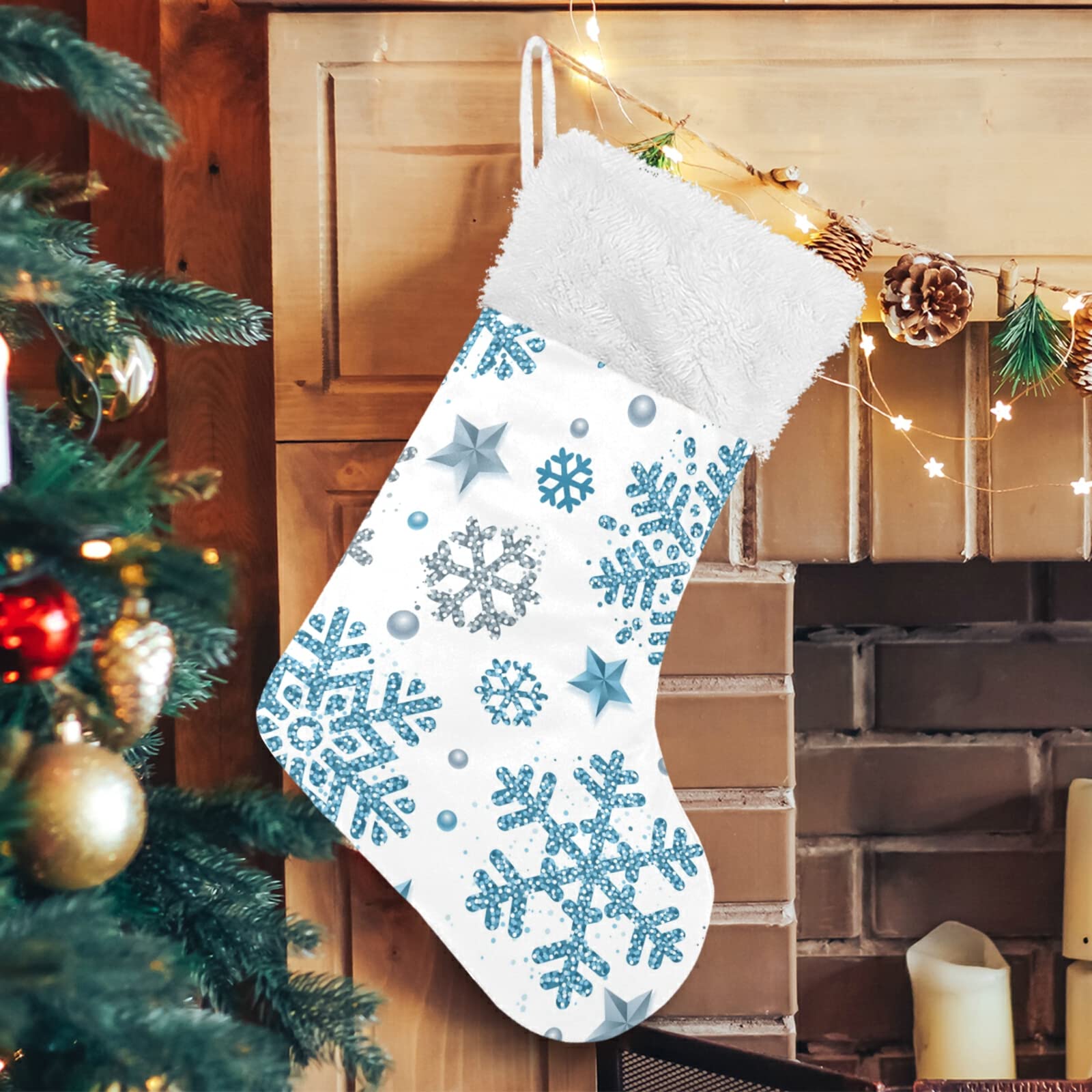 Christmas Stockings with Silver & Blue Glitter Snowflakes & Stars - 12