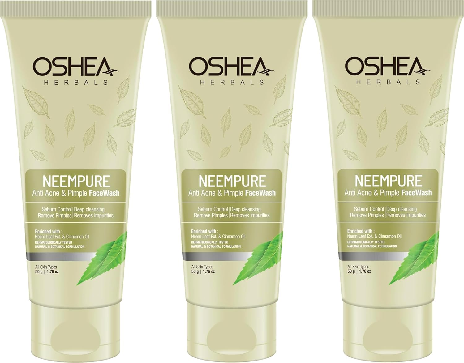 Oshea Herbals Neempure Anti Acne & Pimple Face Wash for Men & Women | Deep Cleansing with Neem Extract & Cinnamon Oil | Reduces Breakouts & Controls Sebum | Pack of 3 (50g) | Perfect for Daily Skincare & Acne-Prone Skin