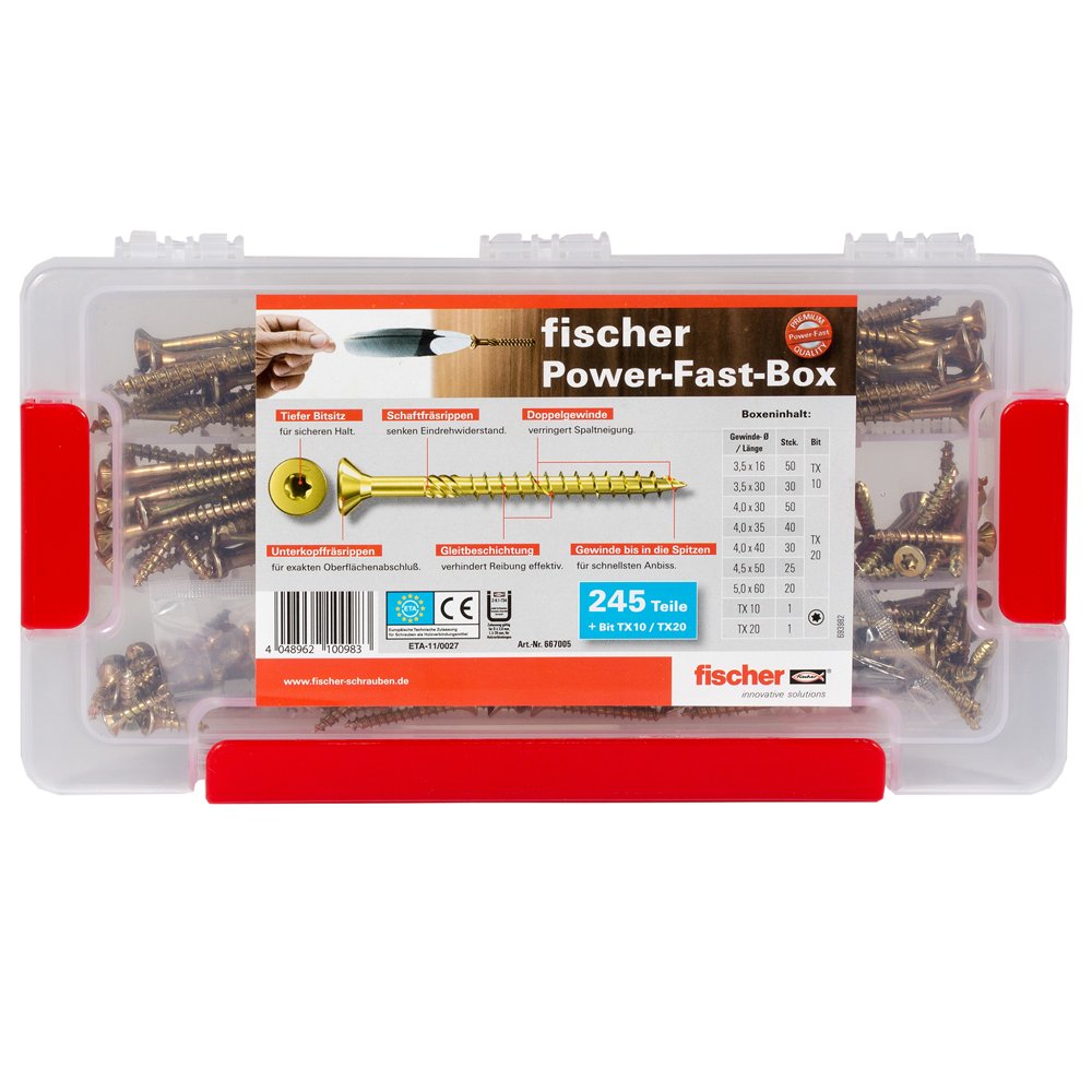 Fischer Power Fast 667 005 Box - High Performance Construction Screws for Wood & Metal - Perfect for DIY Projects, Home Renovations & Professional Building Work