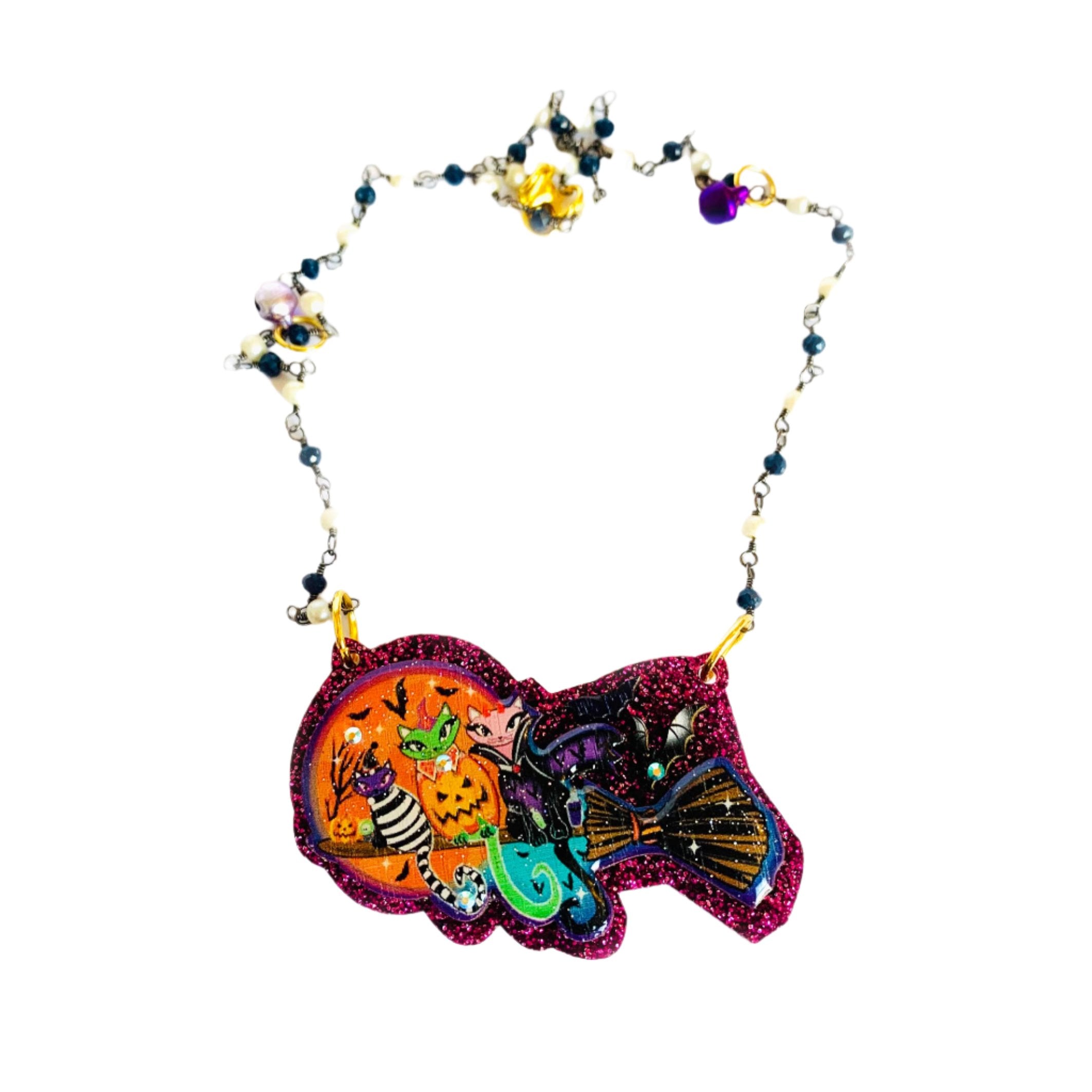 Rosie Rose Parker Cats on a Broom Necklace - Halloween Cat Witch Jewelry for Women, Perfect for Halloween Costume Accessories & Witchy Fashion