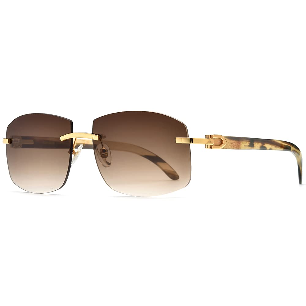 HEPIDEM 100% Genuine Buffalo Horn Sunglasses for Men - Rimless Square Frame UV Protection - Stylish Outdoor, Driving & Fashion Accessories