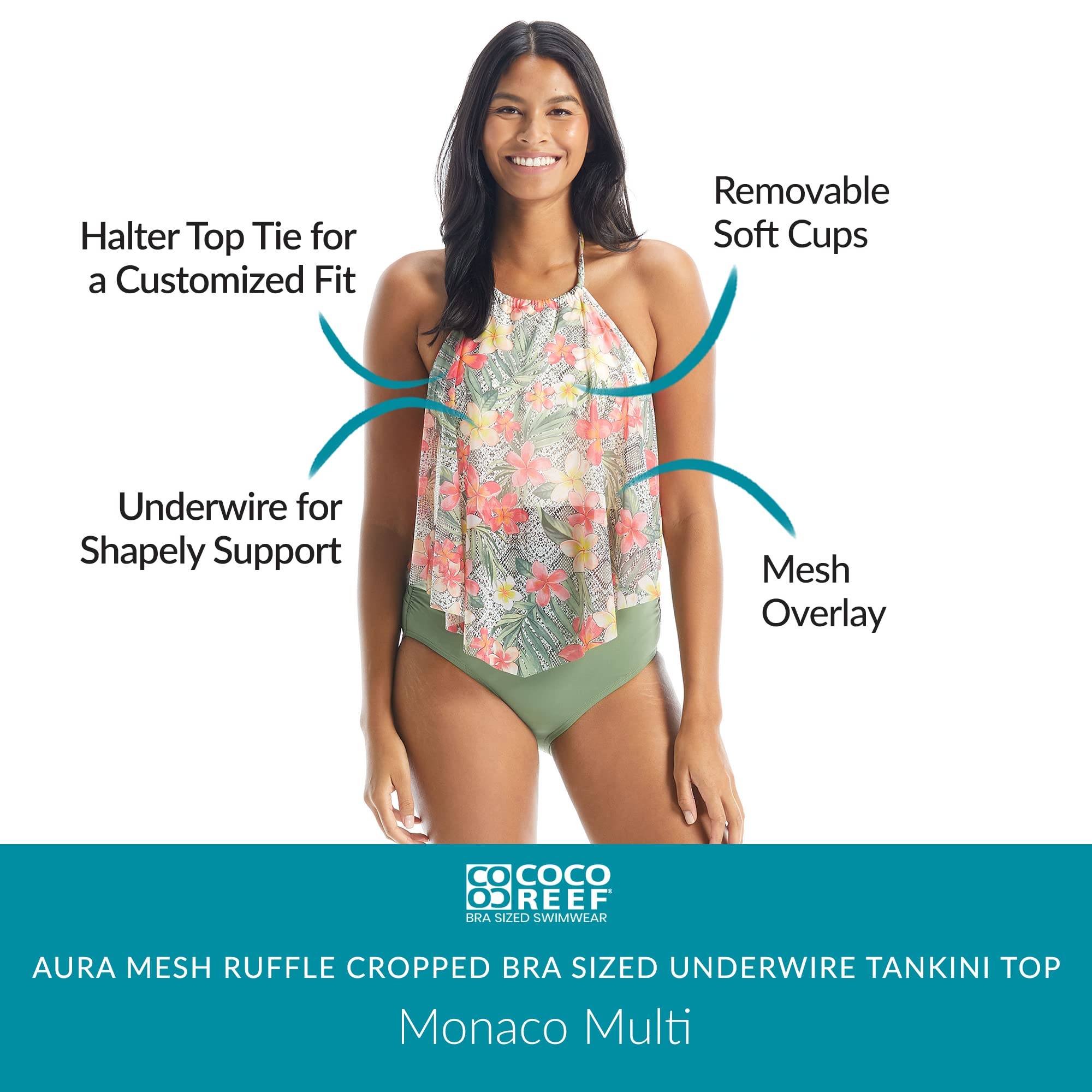 COCO REEF Aura Mesh Ruffle Bra Sized Cropped Tankini Top — High Neck Halter Bikini for Women | Sexy Swimwear for Beach, Pool & Vacation | Plus Size Swim Top with Support