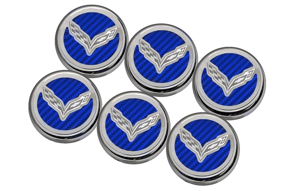 American Car Craft 053014-BLU Blue Carbon Fiber Fluid Cap Cover Set - 6 Piece Corvette Flag Emblem | Engine Bay Upgrade for Chevy Corvette C5 C6 C7 | Perfect for Car Shows & Custom Builds