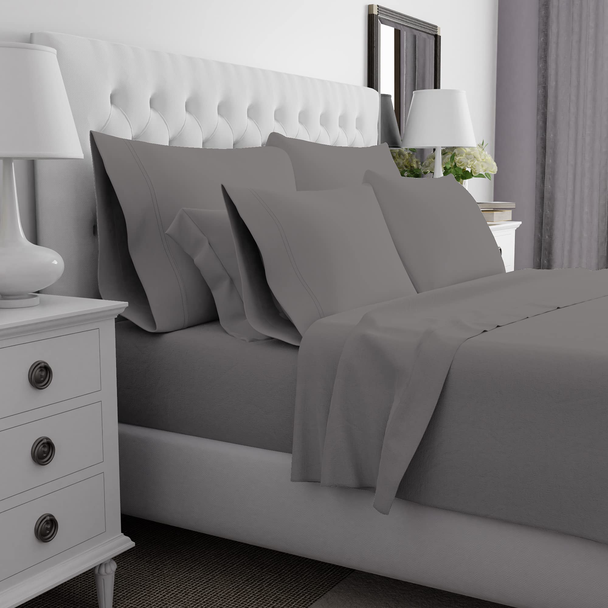 Aireolux 1000 Thread Count Luxury Egyptian Cotton Sheet Set - Ultra Soft, Silky & Breathable, Moisture-Wicking, Durable Infinity Sateen Weave - Queen Size, Silver (Set of 4) - Perfect for Hot Sleepers & All-Season Comfort