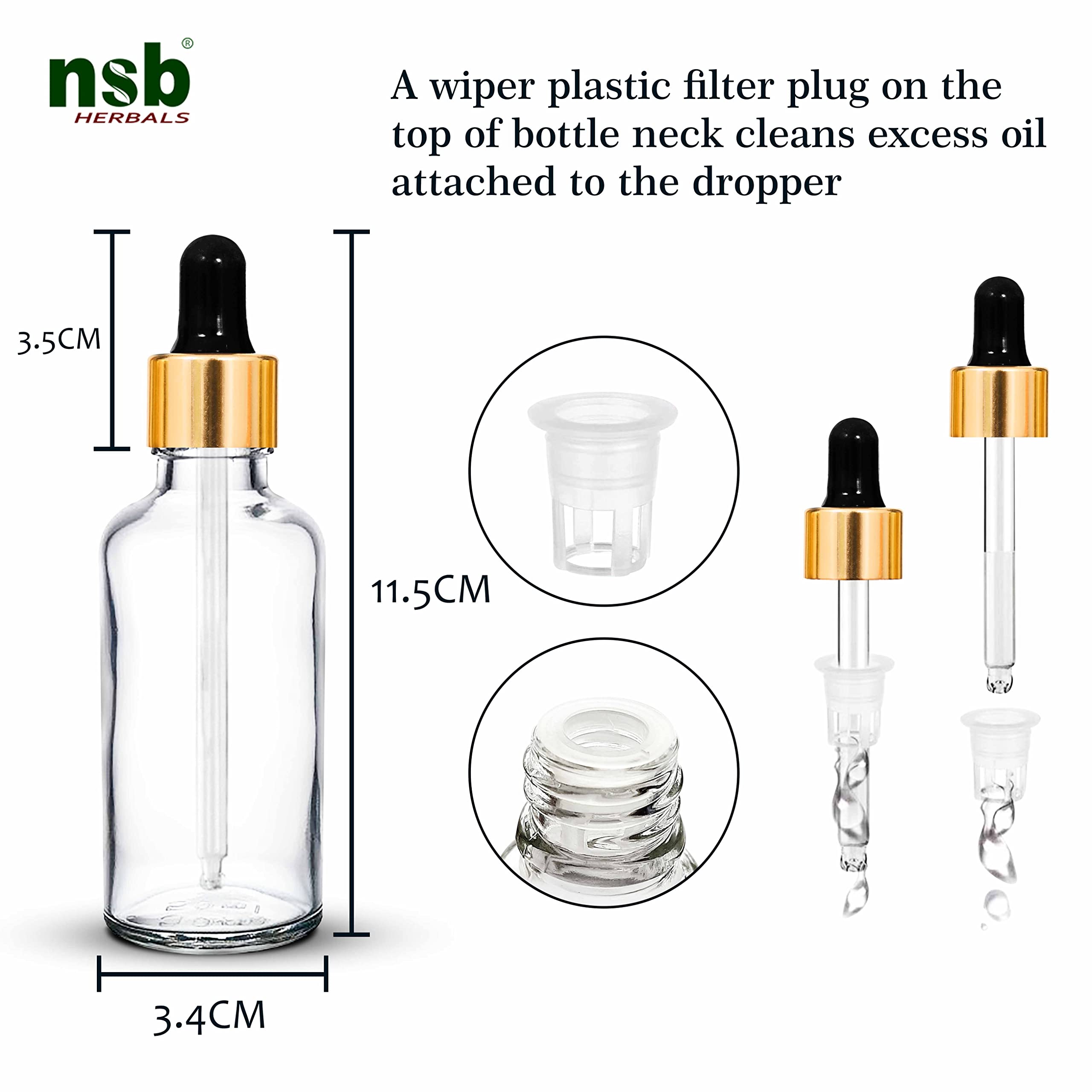 NSB Herbals 50ml Clear Round Empty Glass Bottle with Glass Dropper, Golden Ring & Black Silicone Teat - Refillable for Essential Oils, Perfumes, DIY Beauty (Pack of 3) | Perfect for Aromatherapy, Travel & Home Use