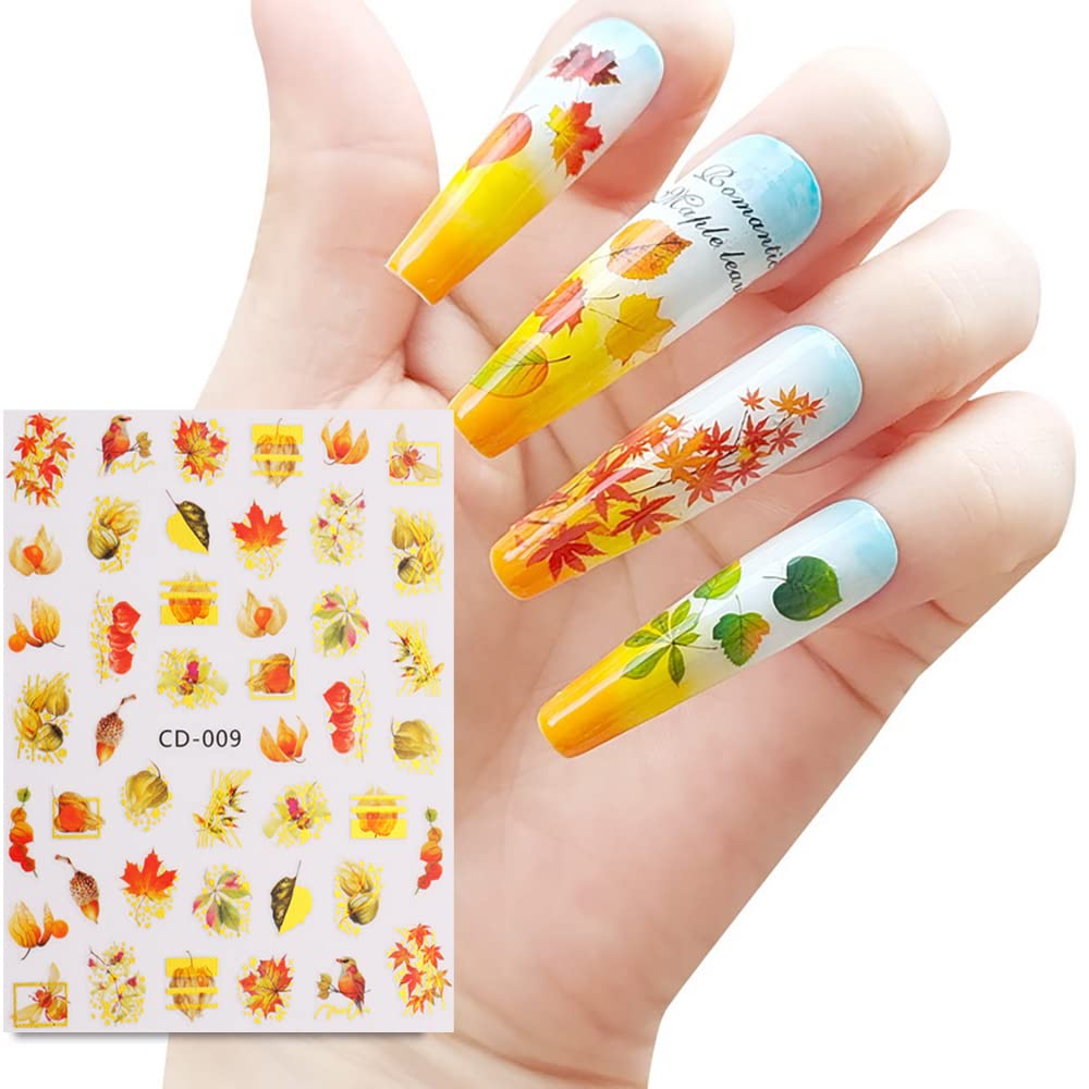 Autumn Maple Leaf Nail Stickers - 3D Self-Adhesive Nail Art Decals with Ginkgo Design for Women & Girls (8 Sheets) - Perfect for Fall Nail Art, Thanksgiving Parties, and Seasonal Manicures