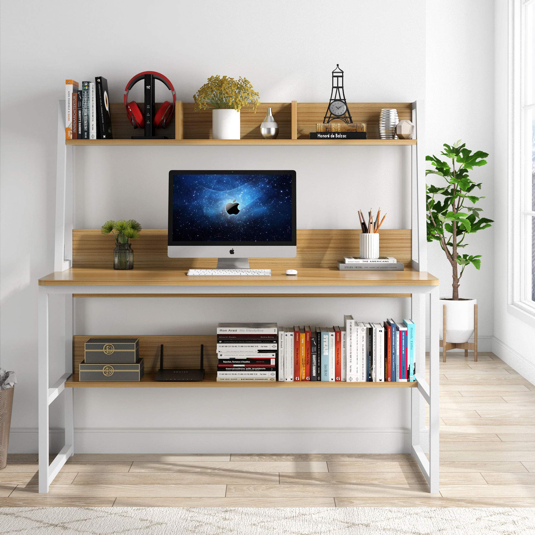 Tribesigns 47 Inch Modern Computer Desk with Hutch and Bookshelf - Light Walnut Home Office Desk for Study, Writing & Work | Perfect for Small Spaces, Remote Work & Student Dorm Rooms