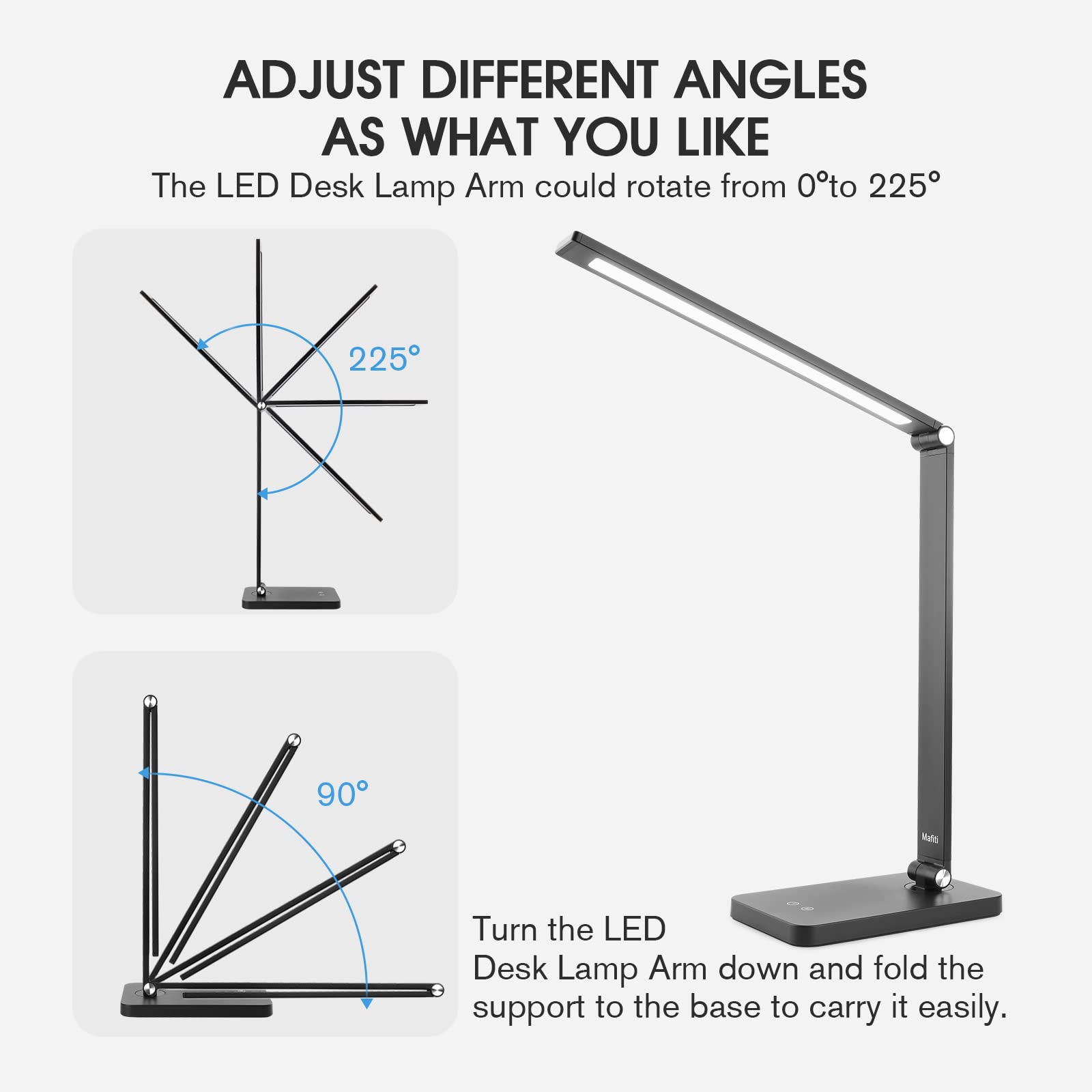Mafiti LED Desk Lamp with 5 Light Modes & 3 Brightness Levels - Adjustable Arm Foldable Table Lamp for Home Office, Reading & Study - Eye-Caring USB Touch Light for Bedside, Workspace & Nightstand - Black