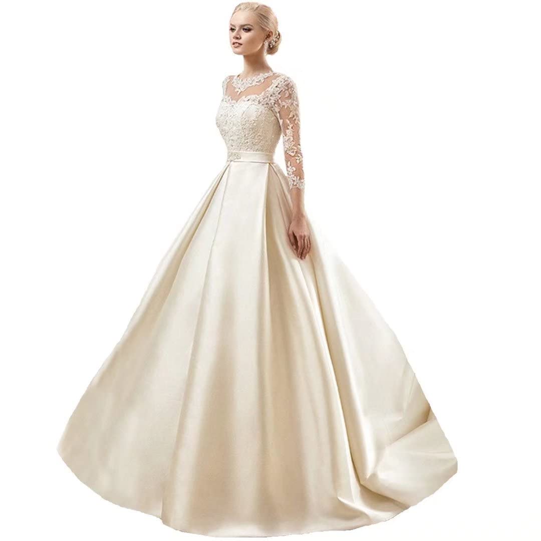 Elegant Dimei Lace Ball Gown Wedding Dress - Long Sleeve Princess Bridal Gown with Satin Fabric for Bride | Perfect for Church Weddings, Formal Events & Princess-Themed Ceremonies