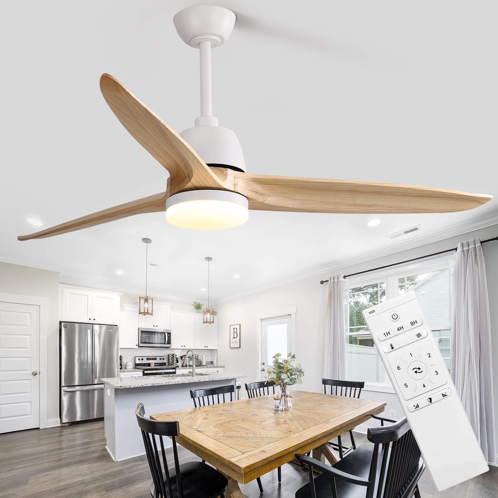 56 Inch Wood Ceiling Fan with Light & Remote Control - 6-Speed Quiet Energy Saving Indoor Ceiling Fan, 3-Blade Light Wood Grain Design - Perfect for Living Room, Bedroom & Office