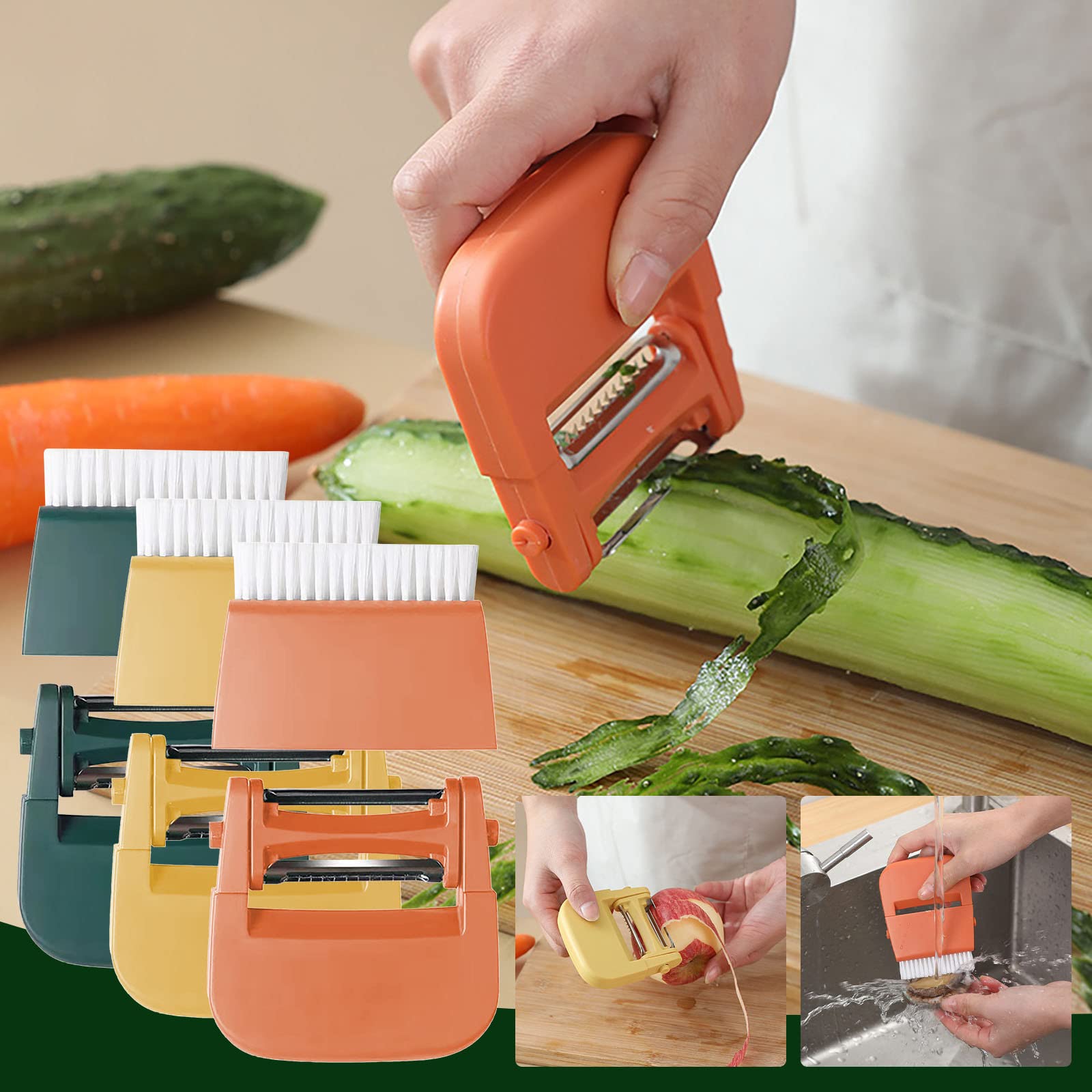 3-in-1 Multi-Function Kitchen Peeler, Paring Knife & Vegetable Grater - Green Vegetable Cutter & Cleaning Brush for Efficient Meal Prep in Home Kitchens