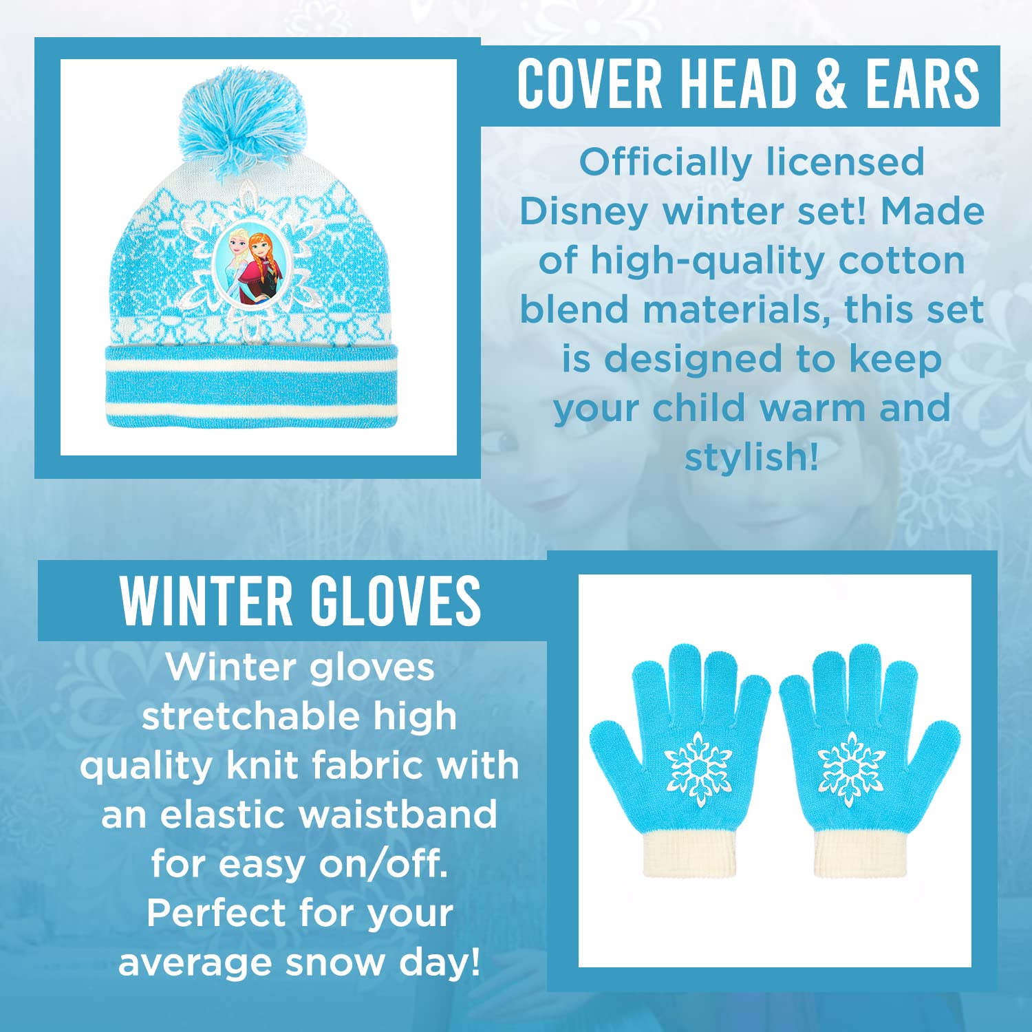 Disney Frozen Elsa & Anna Winter Beanie Hat & Snow Gloves Set for Girls & Toddlers - Warm Kids Winter Accessories for Snow Play, Outdoor Activities & Cold Weather